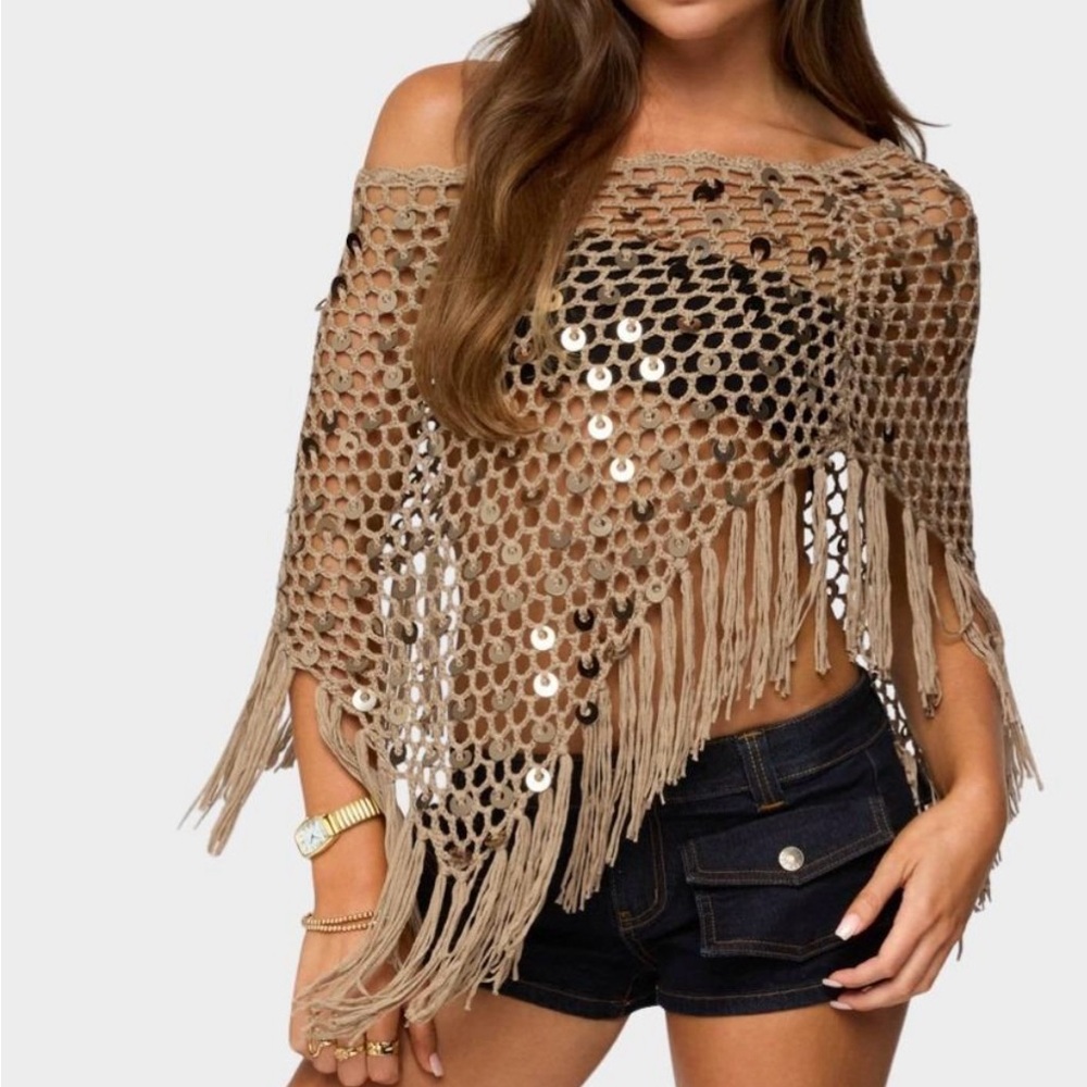 Stylish Tan Fringe Sweater